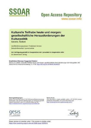 Kulturelle Teilhabe heute und morgen: gesellschaftliche Herausforderungen der Kulturpolitik
