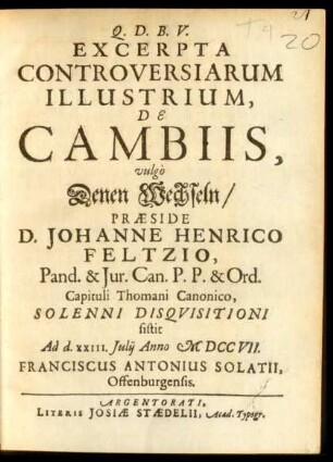 Excerpta Controversiarum Illustrium, De Cambiis, vulgò Denen Wechseln