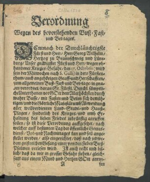 Verordnung Wegen des bevorstehenden Buß- Fast- und Bet-tages