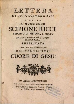 Lettera di un Arcivescovo ... publicata contro la devozione del S. cuore di Gesu