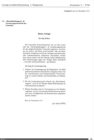Anfrage der NPD zu Lehrmitteln im zeitgeschichtlichen Unterricht