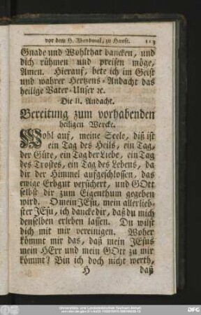 Die II. Andacht. Bereitung zum vorhabenden heiligen Wercke.