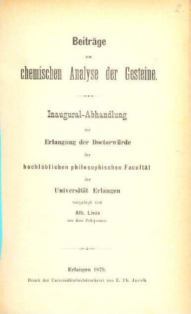 Beitraege zur chemischen Analyse der Gesteine