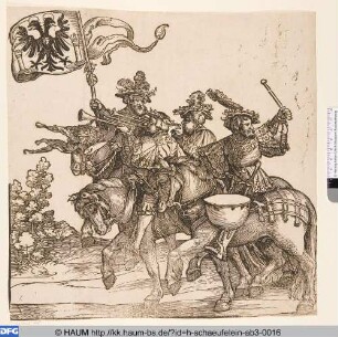 Der Triumphzug Kaiser Karls V., Bl. 1, Musiker und Standartenträger