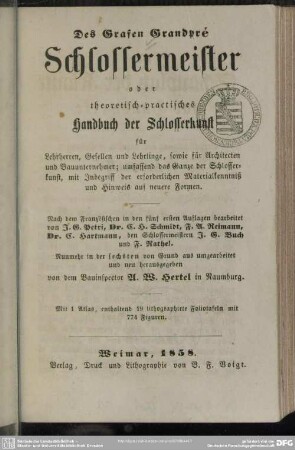 [Textbd.]: Des Grafen Grandpré Schlossermeister oder theoretisch-practisches Handbuch der Schlosserkunst für [...]