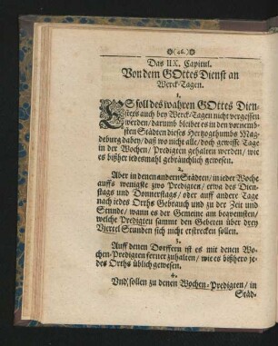 Das IIX. Capitul. Von dem Gottes Dienst an Werck-Tagen.