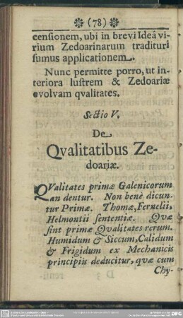 Sectio V. De Qualitatibus Zedorariae