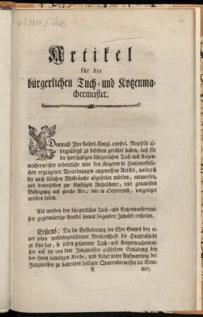 Artikel für die bürgerlichen Tuch- und Kotzenmachermeister : Gegeben ob dem königl. Prager Schlosse den 22sten Jänner 1778