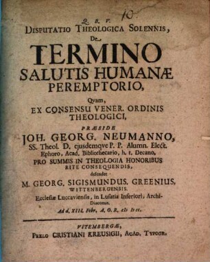 Disputatio Theologica Solennis, De Termino Salutis Humanae Peremptorio