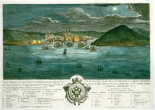 WHK 27 Russisch-Türkischer Krieg: Ansicht des Hafens von Cesme mit der Zerstörung der osmanischen Flotte durch die Russen unter Graf Orloff in der Nacht des 7. Juli 1770