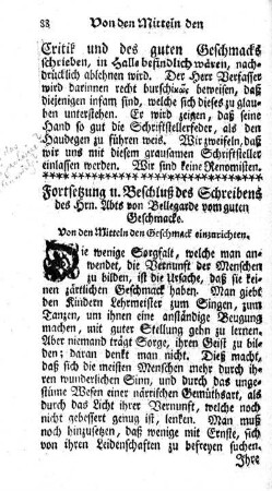 Fortsetzung u. Beschluß des Schreibens des Hrn. Abts von Bellegarde vom guten Geschmacke