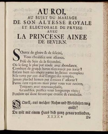 Au Roi, Au Sujet Du Mariage De Son Altesse Royale Et Electorale De Prusse Avec La Princesse Ainee De Bevern.