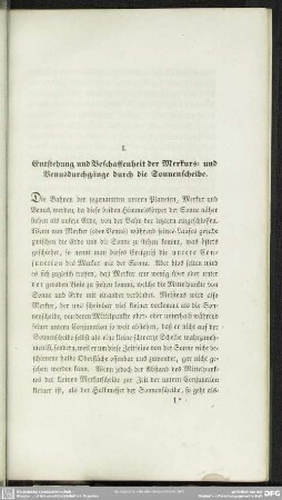 I. Entstehung und Beschaffenheit der Merkurs- und Venusdurchgänge durch die Sonnenscheibe