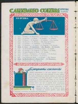 Calendario Colibrí - Septiembre, 1ª Quincena