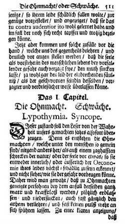 Das I. Capitel. Die Ohnmacht. Schwäche. Lypothymia. Syncope.