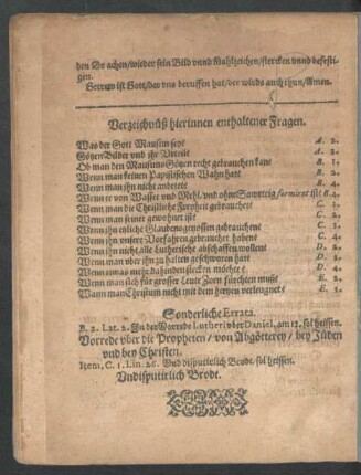 Verzeichnüß hierinnen enthaltener Fragen.
