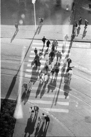 Basel: Fußgänger auf Zebrastreifen, von oben mit langen Schatten, vom Neubau der MUBA [Mustermesse Basel]
