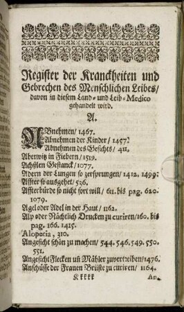 Register der Kranckheiten und Gebrechen des Menschlichen Leibes/ davon in diesem Land- und Leib-Medico gehandelt wird.