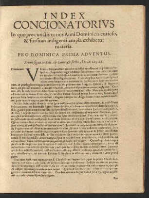 Index Concionatorius In quo pro cunctis totius Anni Dorminicis curioso, & forsitan indigenti ampla exhibetur materia.