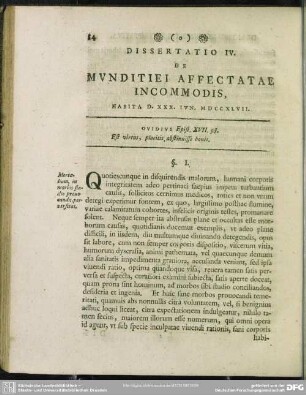 Dissertatio IV. De Munditiei Affectatae Incommodis, Habita D. XXX. Iun. MDCCXLVII.