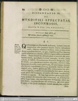 Dissertatio IV. De Munditiei Affectatae Incommodis, Habita D. XXX. Iun. MDCCXLVII.