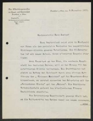 Brief von Paul Trautmann von Frankfurt/Oder / Oberbürgermeister an Gerhart Hauptmann