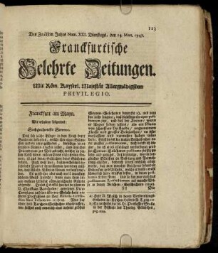 Num. XXI. Dienstags, den 14. Mart. 1747 - Num. XXX. Freytags, den 14. April. 1747