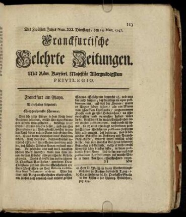 Num. XXI. Dienstags, den 14. Mart. 1747 - Num. XXX. Freytags, den 14. April. 1747