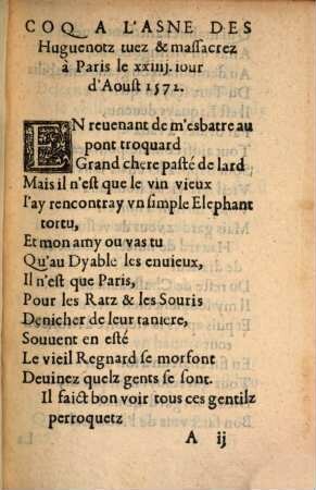 Coq A L'Asne Des Hvgvenotz tuez et massacrez à Paris le XXIIII. iour d'Aoust. 1572