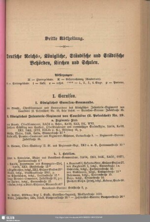 Dritte Abtheilung. Behördenverzeichnis : Dritte Abtheilung. Deutsche Reichs-, Königliche, Ständische und Städtische Behörden, Kirchen und Schulen