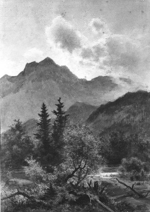 Abend in den Alpen (Gebirge mit Wasser und Baumgruppe) : Leonhardi, Eduard: Abend in den Alpen (Gebirge mit Wasser und Baumgruppe). Um 1854/1855. Aquarell; 69 x 56 cm. Dresden-Loschwitz: Leonhardi-Museum LM 1997/12