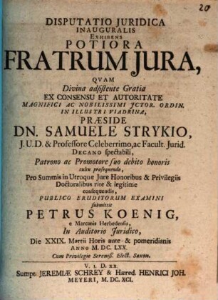 Disputatio Iuridica Inauguralis Exhibens Potiora Fratrum Iura