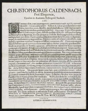 Christophorus Caldenbach, Prof. Eloquentiae, Ejusdem In Academia Tubingensi Studiosis Sal.
