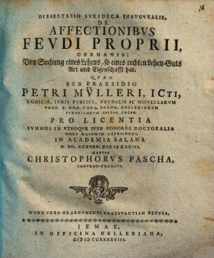 Diss. inaug. de affectionibus feudi proprii
