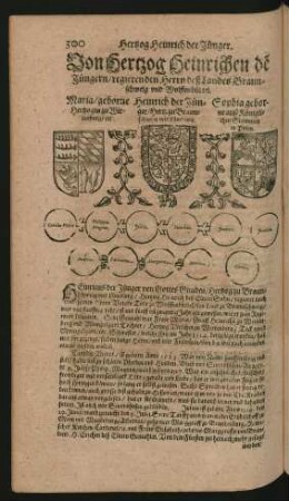 Wappen. Maria/ geborne Hertzogin zu Wirtenburg/ etc. und Heinrich der Jüngere/ Hertzog zu Braunschweig und Lüneburg. und Sophia geborne auß Königlichen Stammen in Polen.