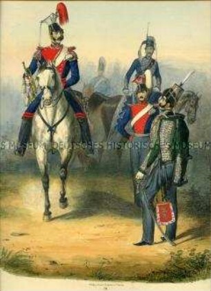Uniformdarstellung, Trompeter des 5. Ulanen-Regiments und Husar des 8. Husaren-Regiments zu Pferd, Offizier des 6. Ula nen-Regiments, Husar des 11. Husaren-Regiments, Preußen 1843/1845. Aus: Sachse: Das Preussische Heer. Tafel 26.