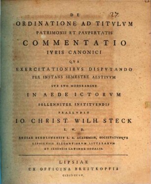 De Ordinatione Ad Titvlvm Patrimonii Et Pavpertatis Commentatio Ivris Canonici