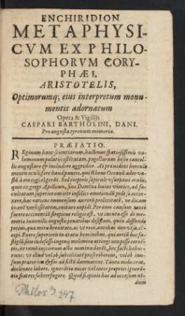 Enchiridion Metaphysicum Ex Philosophorum Coryphaei, Aristotelis, Optimorumq; eius interpretum monumentis adornatum