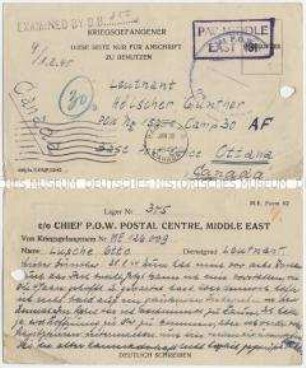 Handgeschriebene Vordruck-Postkarte aus einem Kriegsgefangenenlager an einen Kriegsgefangenen in Kanada