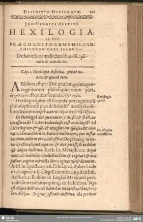 Joh-Henrici Alstedi Hexilogia: Id Est Praecognitorum Philosophicorum Pars Secunda: De habitibus intellectualibus disciplinarum omnium