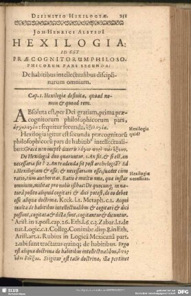 Joh-Henrici Alstedi Hexilogia: Id Est Praecognitorum Philosophicorum Pars Secunda: De habitibus intellectualibus disciplinarum omnium