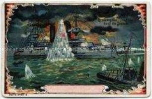 Sammelbild "Zerstörung eines russischen Avisa durch die Japaner" einer Serie zum Russisch-Japanischen Krieg (Serie 5400, Nr. 2)