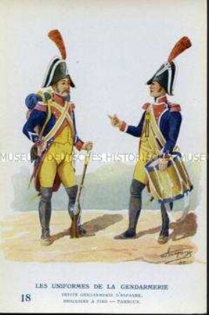 Uniformdarstellung, Postkarte, Brigadier und Tambour der Spanischen Gendarmerie, Frankreich, 1806/1810, Nr. 18 der Serie "Les Uniformes de la Gendarmerie Maréchaussée".