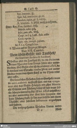 Das XIX. Capitel. Vom übeln Gehör und Taubheit, De Gravitate Auditus & Surditate