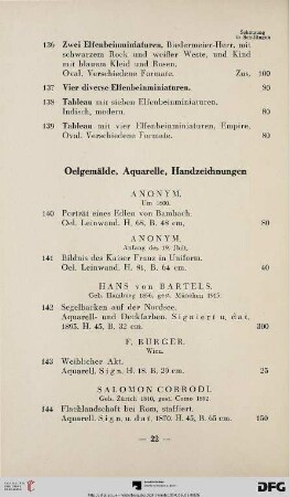 Oelgemälde, Aquarelle, Handzeichnungen (Nr. 140-259)