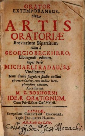 Orator Extemporaneus, Sive Artis Oratoriae Breviarium Bipartitum