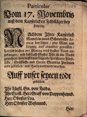 Particular vom 17. Novembris auß dem Kays. Feldtläger bey Laipzig