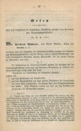Gesetz vom 8. April 1847, über das Verfahren bei Kompetenz-Konflikten zwischen den Gerichten und Verwaltungsbehörden