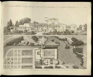 Abbildung 115. Perspective von dem Gaertnerhause in Charlottenhof bei Potsdam vom Puncte B. im Grundrisse aufgenommen. / Grundriss der Anlage des Gaertnerhauses in Charlottenhof bei Potsdam mit seinen Umgebungen.