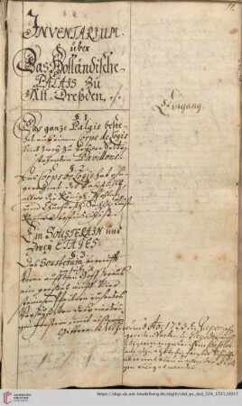 INVENTARIUM über das Holländische PALAIS zu Alt-Dresden